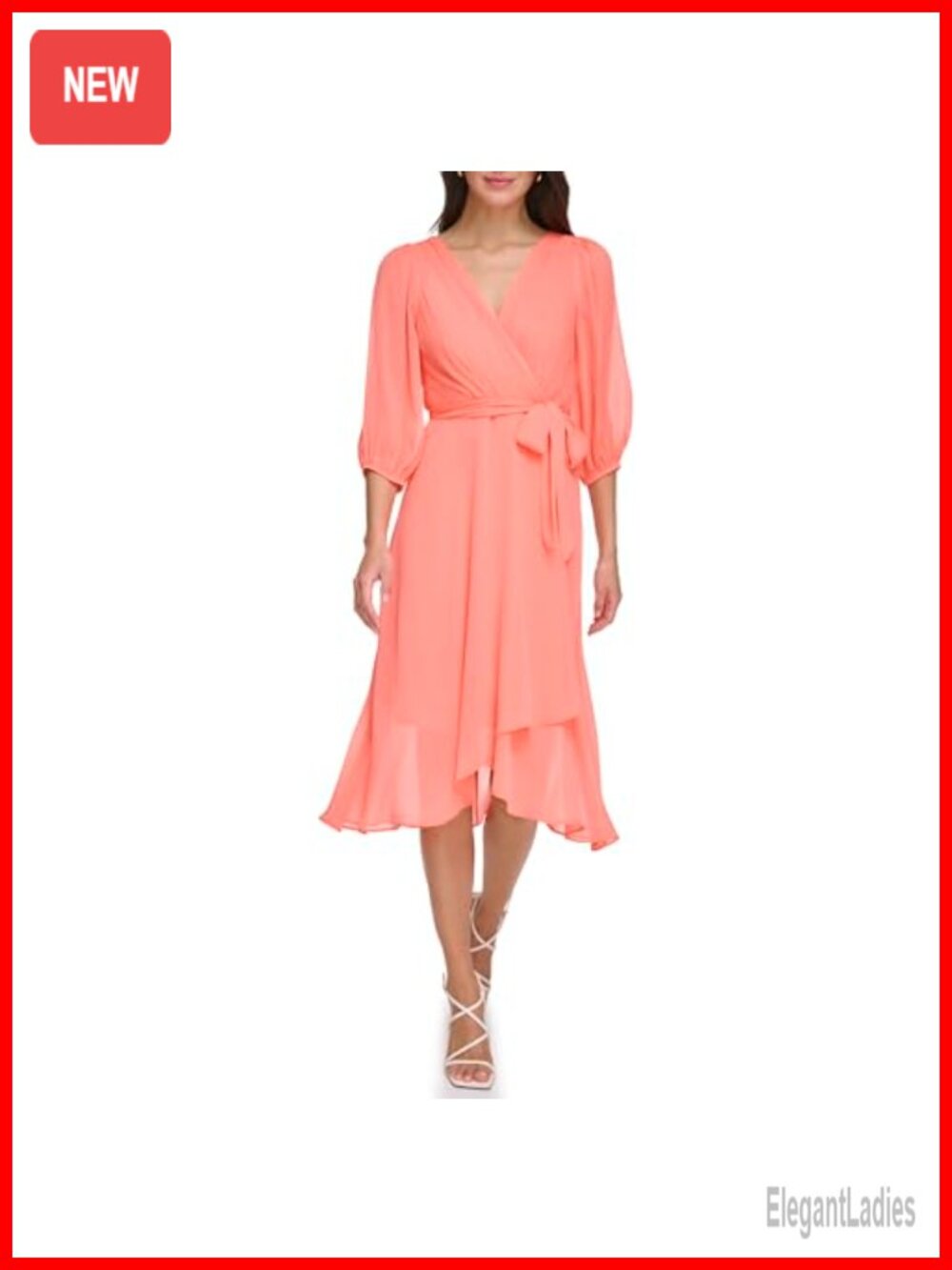 Chiffon Balloon Sleeve Faux Wrap Midi Dress High-Low Hem